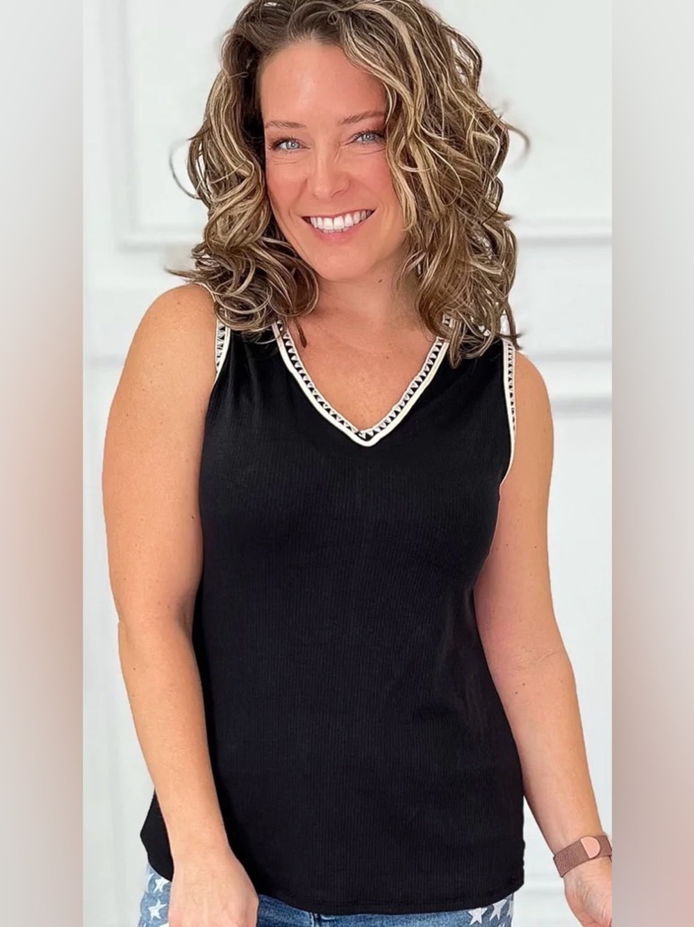 Black V-Neck Tank Top with Embroidered Whipstitch Trim
